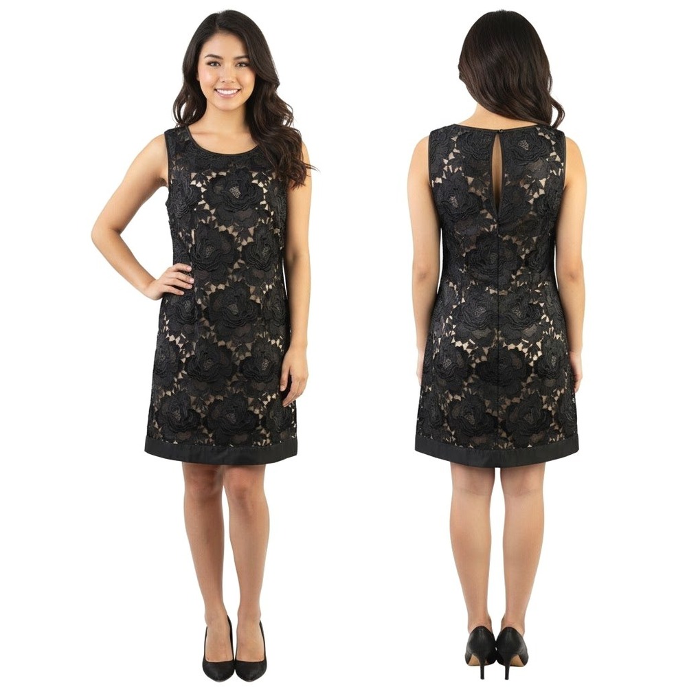 White House Black Market Dress Black Sleeveless Sheath Lace Keyhole‎ Elegant 4
